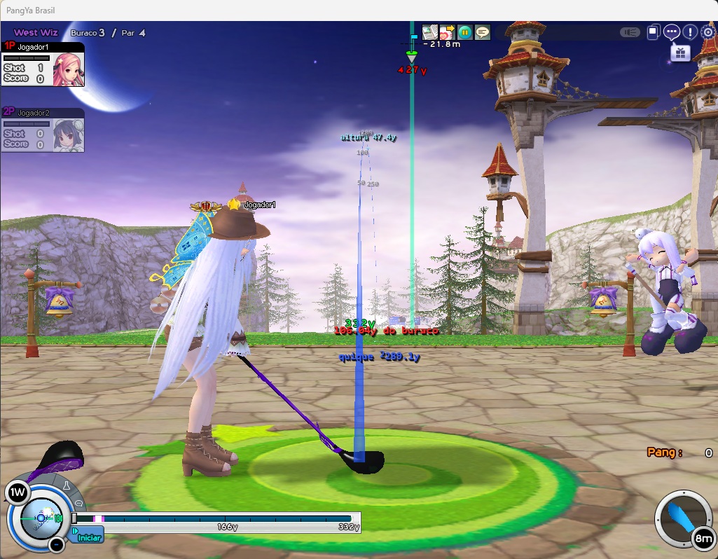 Aim Assist do GhostTools na visão 3D do PangYa Season 4: linha do voo, altura máxima, quique e distância até o buraco