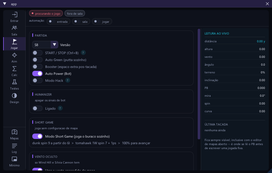 Janela do GhostTools: aba Jogar com Auto Green, Auto Power, Humanizer e Short Game